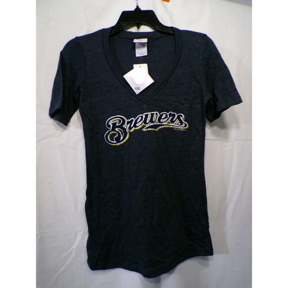 Majestic Tops - Women's Brewers Navy V Neck T Shirt S Graphic